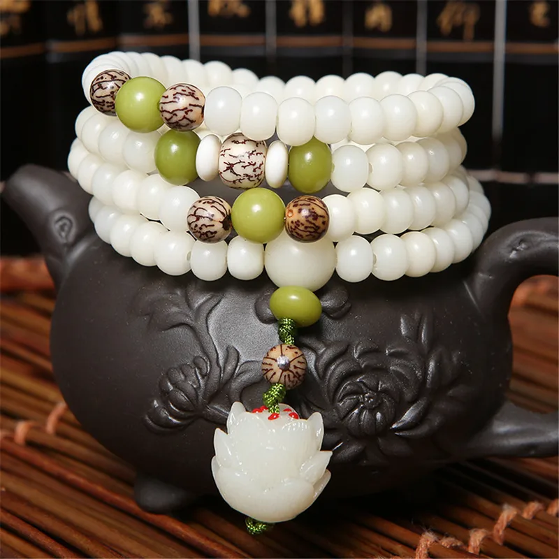 Tràng hạt bồ đề Bạch Ngọc 108 hạt – phối hạt màu, mặt hoa sen (TB04)
