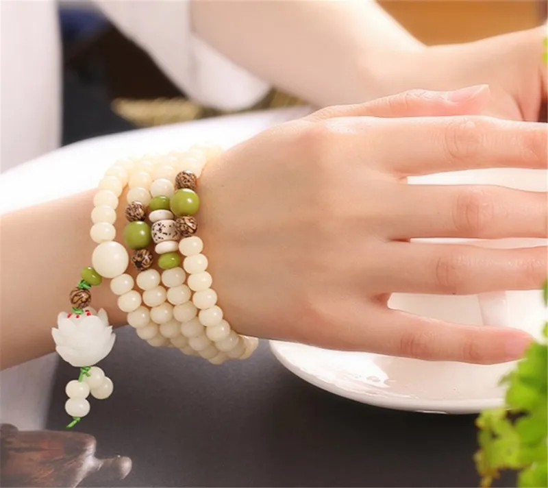 Tràng hạt bồ đề Bạch Ngọc 108 hạt – phối hạt màu, mặt hoa sen (TB04) – ảnh 3