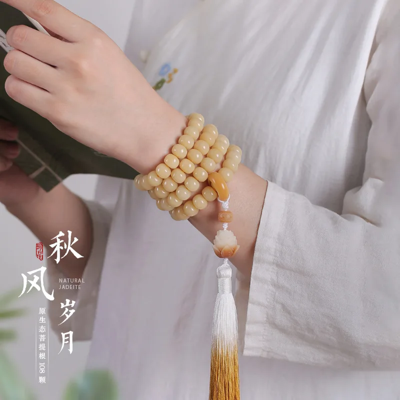 Tràng hạt bồ đề Bạch Ngọc 108 hạt – màu vàng ngà, tua trắng (TB07) – ảnh 3