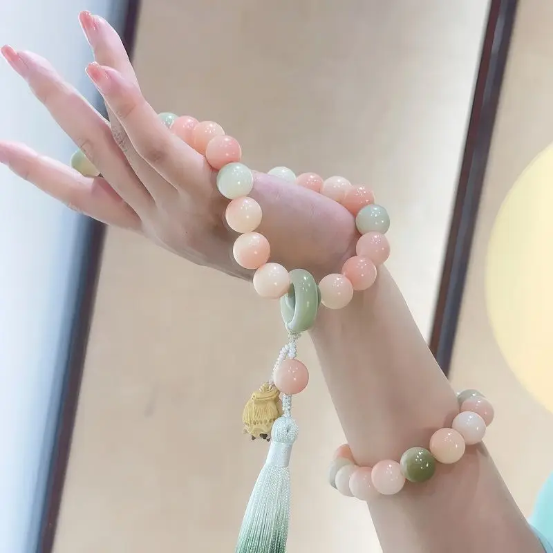 Vòng tay bồ đề Bạch Ngọc hồng phối xanh – hoa sen, tua rua (VB06) – ảnh 4