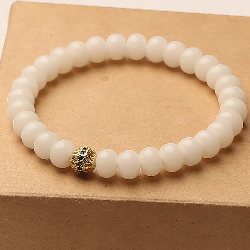 Vòng tay bồ đề Bạch Ngọc – hạt tròn phối hạt vàng (VB07)